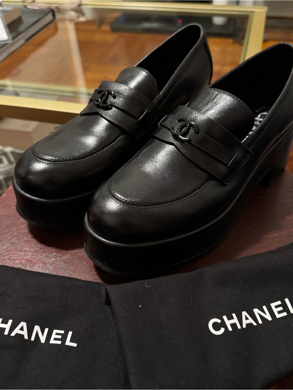 CHANEL Black Leather Platform Loafers with CC Hardware